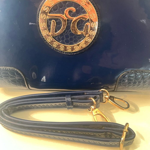 Navy Blue Lustre Handbag like new with gold metal details