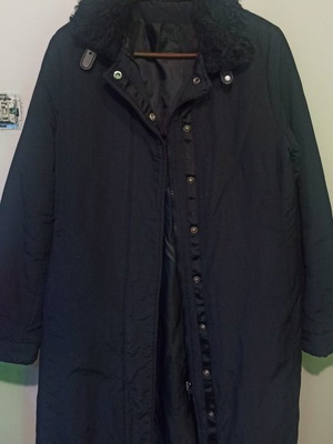 Women's long jacket used, black with fur collar and buttons
