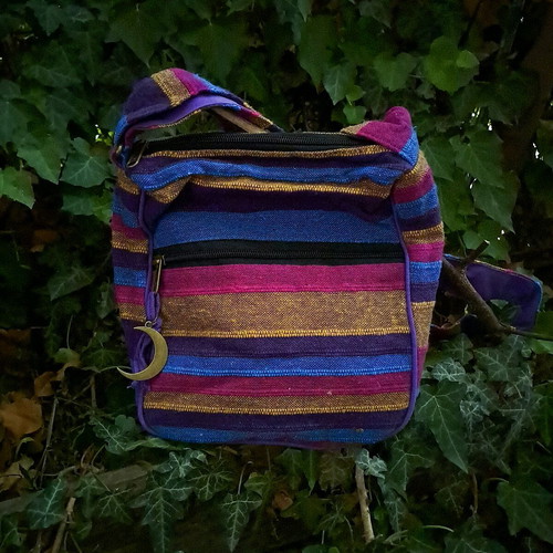 Cotton Sling Bag new, pink and multicolored with copper moon charm