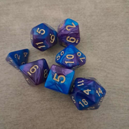 Blue and purple D&D dice set with dice bag