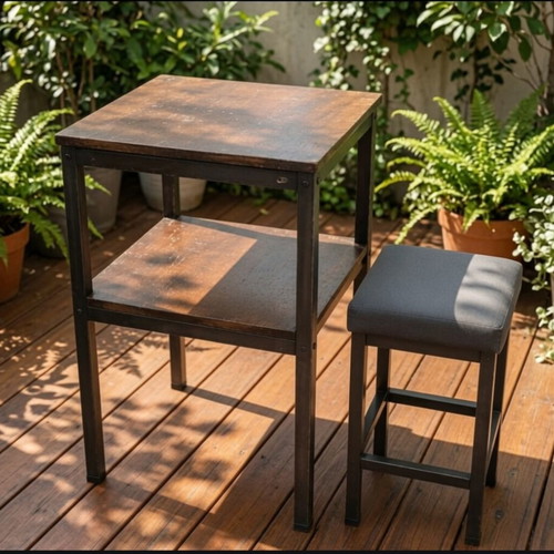 High Stand Table with Stool used, metal and wood