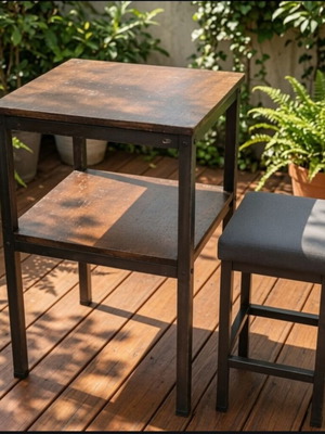 High Stand Table with Stool used, metal and wood
