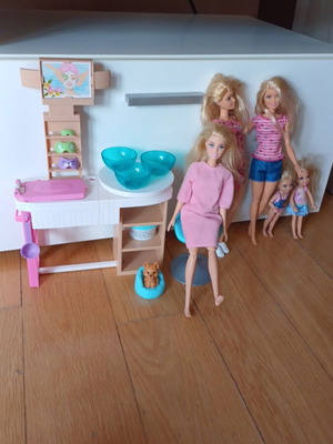 Barbie beauty studio with 4 dolls and dog, used