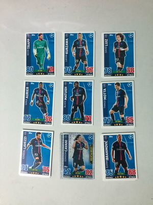 Match Attax 2015/16 PSG set 9 cards like new with Zlatan Ibrahimovic and Cavani Star Player