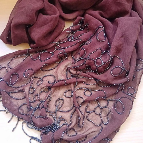Brown scarf like new with handmade black bead design