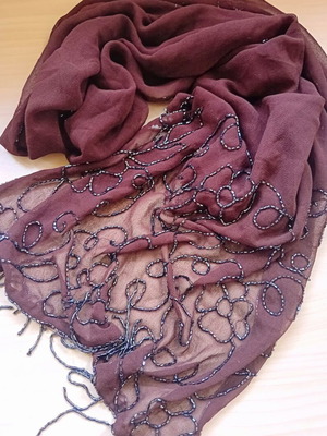 Brown scarf like new with handmade black bead design