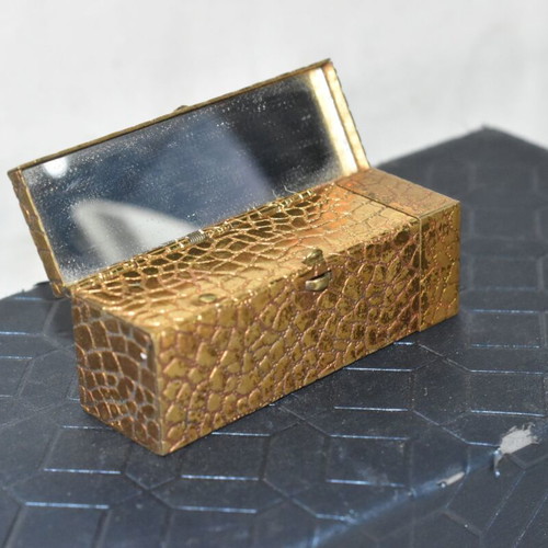 Vintage brass lipstick case with mirror used, retro vanity