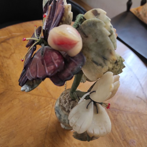 Vintage Chinese tree made of Jade and Rose Quartz stones, hand-carved, used
