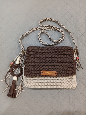Handmade knitted shoulder bag new, beige and brown