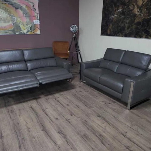 Gray Leather Sofa Set Three-Seater and Two-Seater Torres New