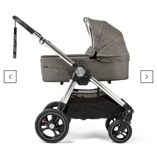 Ocarro Wallnut stroller used with car seat and accessories by Mamas & Pappas