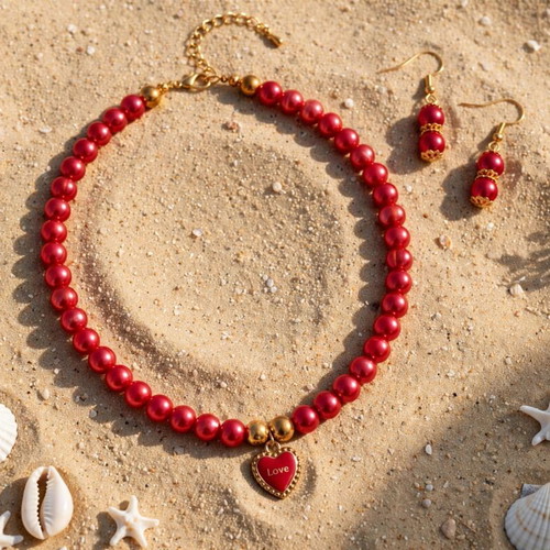 Red summer  necklace and earings set