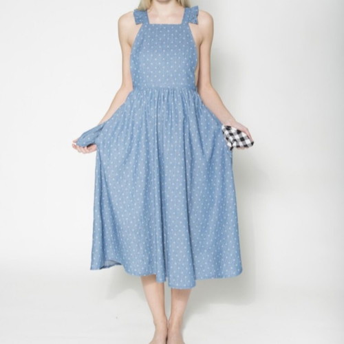 Kirakalo "Pinafore" Midi Dress / Dungaree with Open Back & Ruffles (Size S)