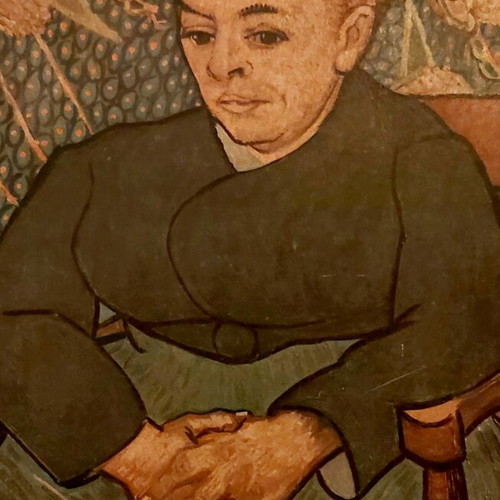 Canvas painting copy portrait of Paul Gauguin used with vintage wooden frame 70s