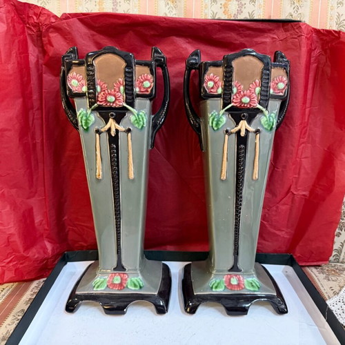 Art Nouveau faience vases like new, set of two, 12x12x30cm