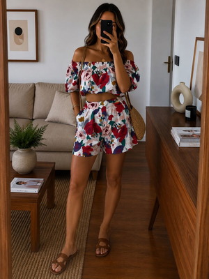 Floral summer top and shorts set like new, colorful