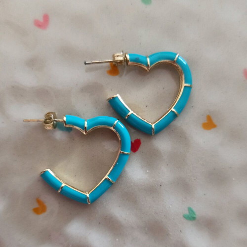 Heart-shaped steel earrings in turquoise and gold color, like new