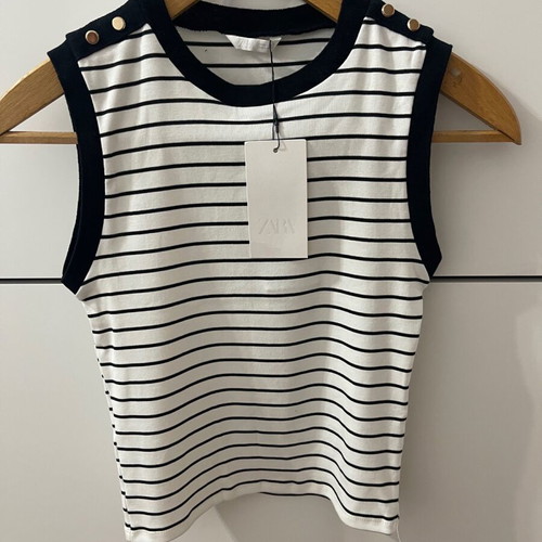 Zara Black and White Striped Top Size S New with Tags Gold Shoulder Buttons
