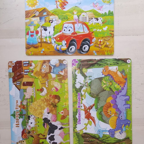 Children's puzzles 24 pieces set like new, farm dinosaurs fire truck