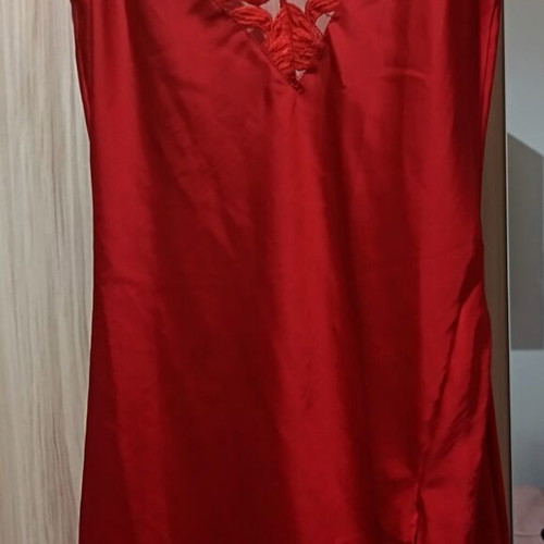Red satin slip dress Med like new with lace V neckline and thin straps