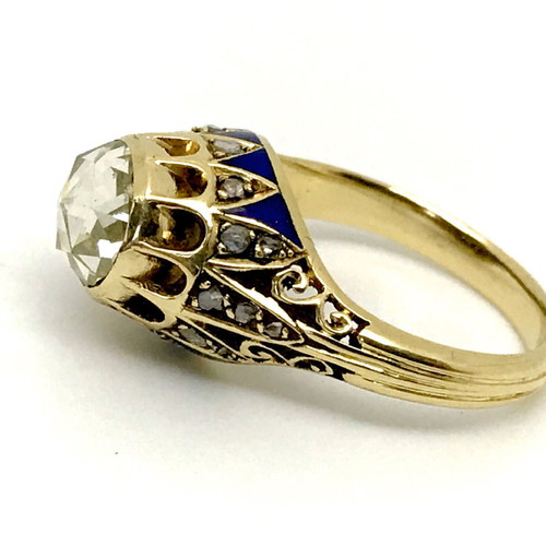 Vintage solitaire ring with 1.10ct diamond and blue enamel