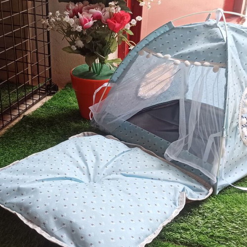 Pet bed tent for dog and cat blue with pillow and curtains