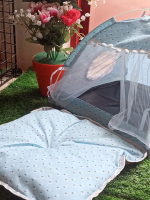 Pet bed tent for dog and cat blue with pillow and curtains