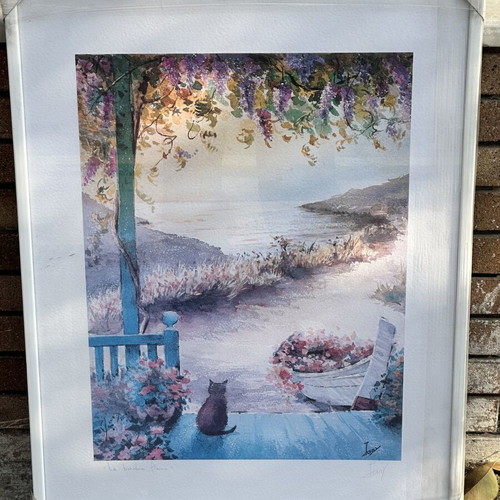 Vintage decorative art print “La Barque Fleurie” in frame, like new