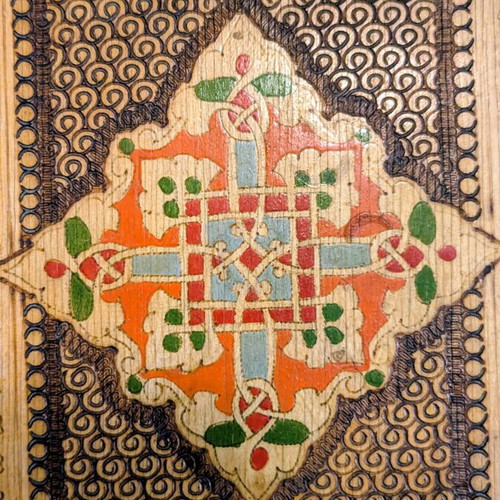 Vintage wooden box with handmade pyrography from 1970s