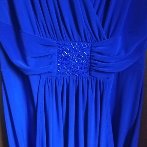 Midi cocktail dress like new with gathers and bead embroidery at waist, blue-purple
