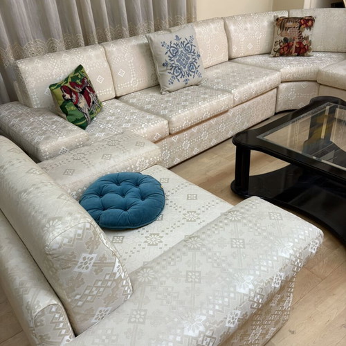 Sectional living room set used, three pieces with central and side tables