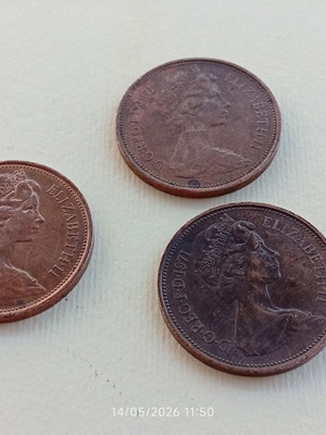 Three British 2 Pence Coins used, 1971 Queen Elizabeth