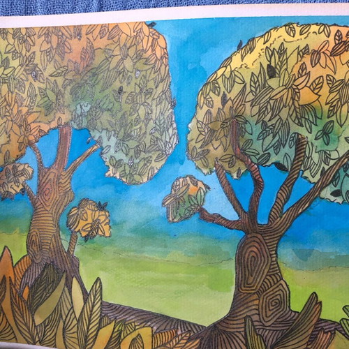 Watercolours and pencil new, tree drawing 21x29