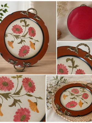 Vintage decorative tray with embroidered floral fabric and brass handles