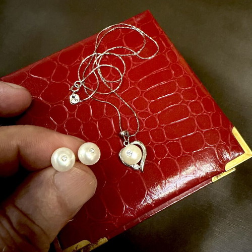Silver 925 Jewelry Set with Natural Pearls and Swarovski