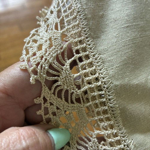 Vintage Handmade Tablecloth with Crochet Lace in Cream