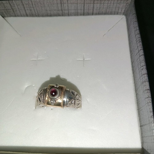 Byzantine ring new, silver 925 and gold with garnet stone