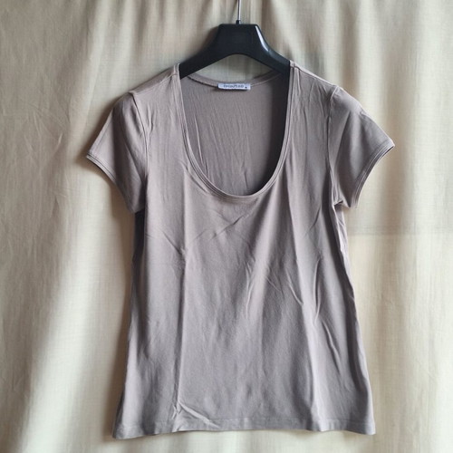 Celestino Medium Short Sleeve Top Taupe Cotton Scoop Neck Blouse like new