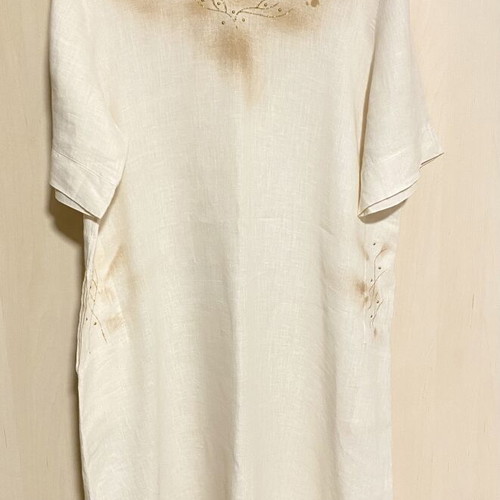 Mariluna Linen Long Dress New, White with Gold-Brown Details