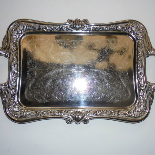 Twin Bird metal serving tray with engraved decoration