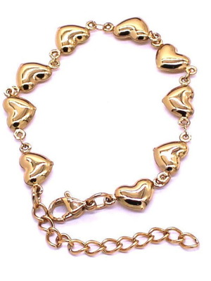 Gold bracelet with embossed hearts, stainless steel, new