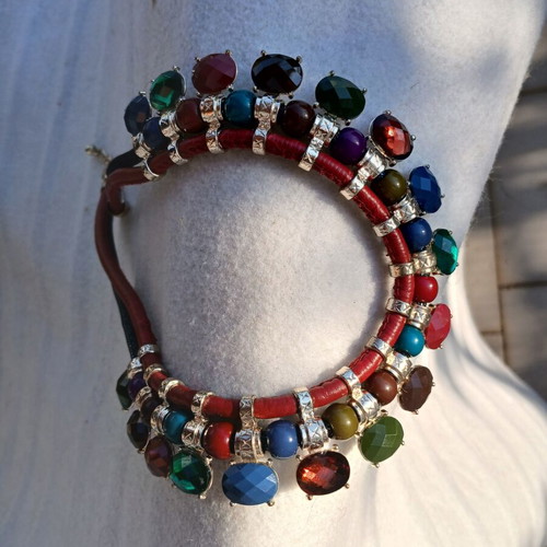 Statement multi-strand necklace with colorful stones, metal and leather, like new