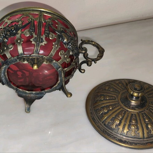 WMF Art Nouveau antique fondue sugar bowl used with red glass lining