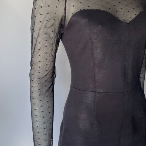 Bodycon evening dress black with mesh polka dots and leatherette like new
