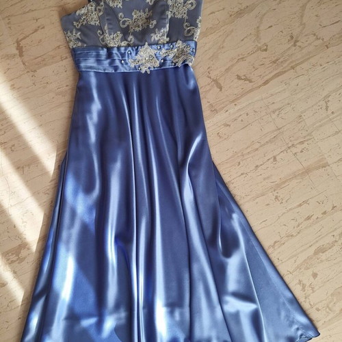 Satin evening dress with straps, lace bust and shawl, new, blue