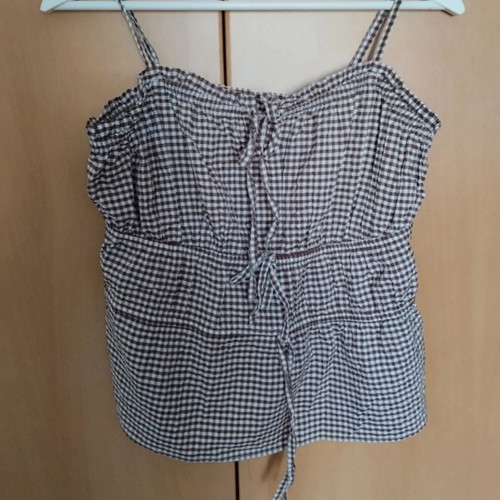 Marks & Spencer summer blouse with straps and smocking, like new, brown white check