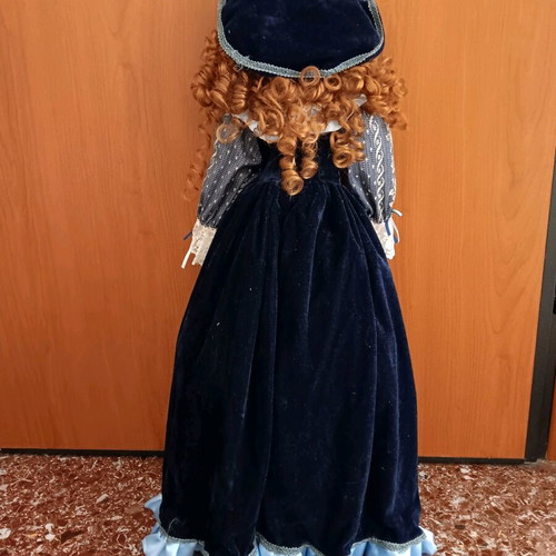 Vintage porcelain doll with velvet dress, large 80 cm