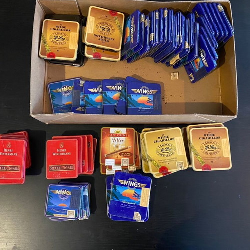 Metal cigar tins used, lot of 64, various brands