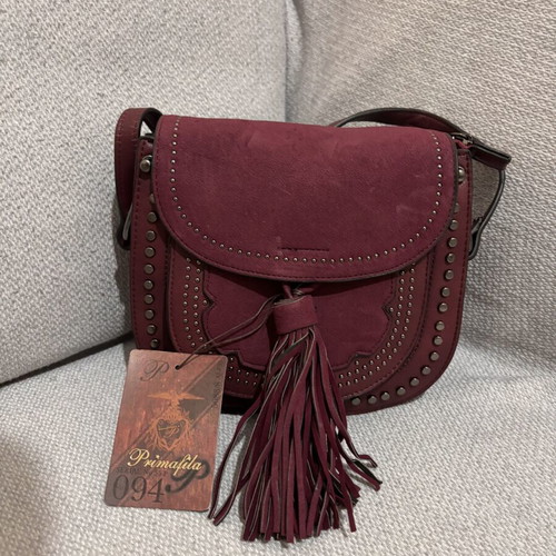 Primafila Crossbody Bag New, Burgundy Boho Style with Tassels and Studs