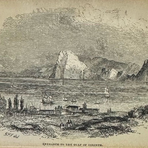 Rare antique engraving 1841 “View of the Gulf of Corinth” used, Corinth